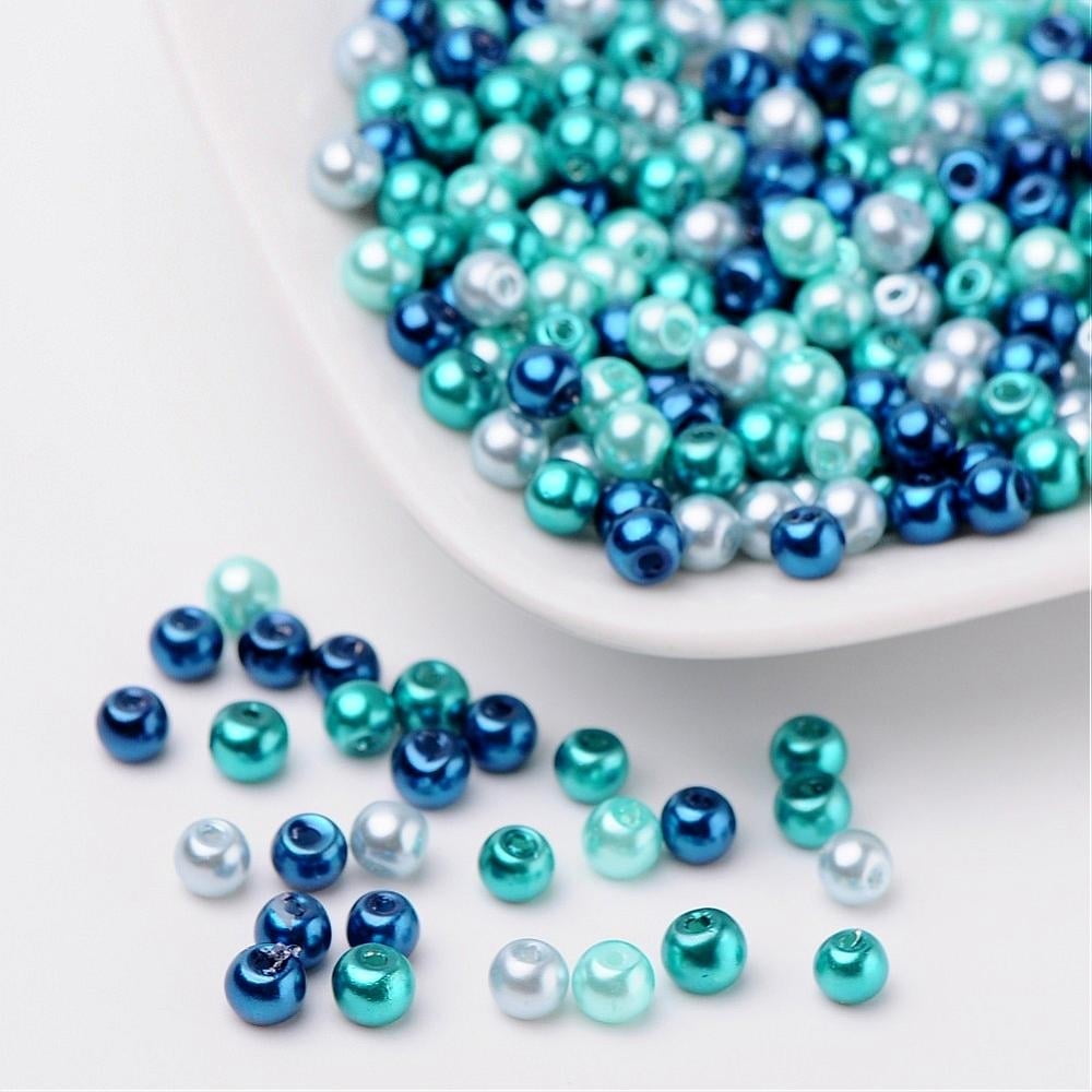 400 Pcs Caribbean Blue Mix Satin Glass Pearl Beads 4mm - Round Loose Beads For DIY Jewelry Making & Crafts