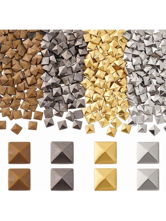 400pcs Flat Back Pyramid Studs Glue on Metal Studs 4 Colors Hotfix Iron on Rivets Square Pyramid Studs for Clothing Bag Leather Shoes DIY Decoration 7X7mm