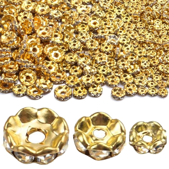 400pcs Gold Crystal Spacer Beads Loose Round Rhinestone Beads Rondelle for Bracelets Necklaces Jewelry Making,6mm/8mm/10mm,3 Sizes