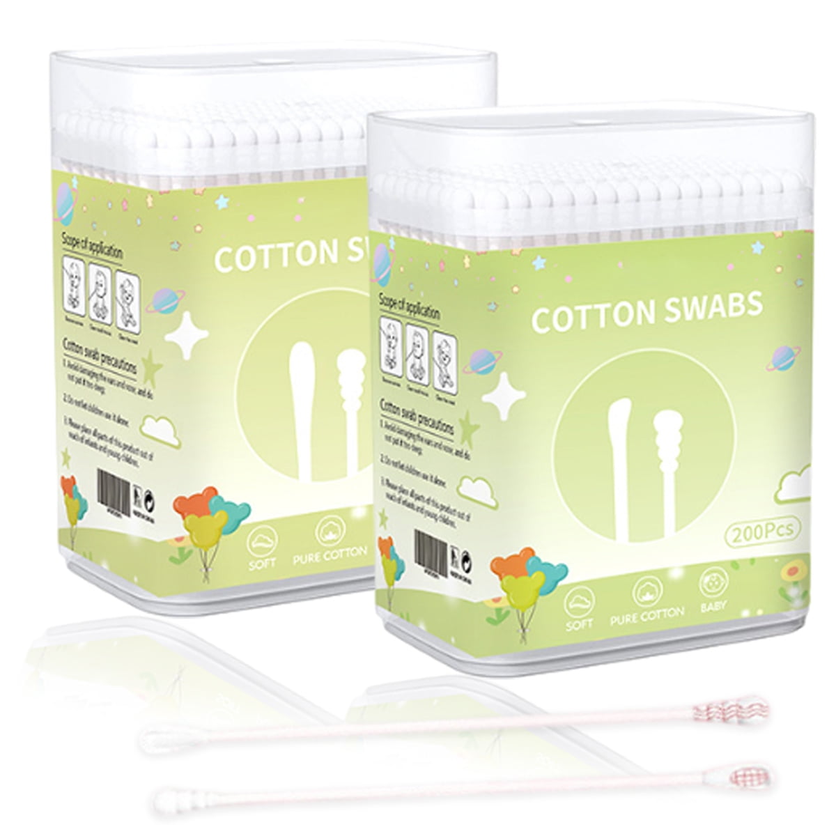 400pcs Organic Cotton Swabs for Infant Baby/kid/Adult, Round&Spiral Head Qtip for Baby Ear Nose