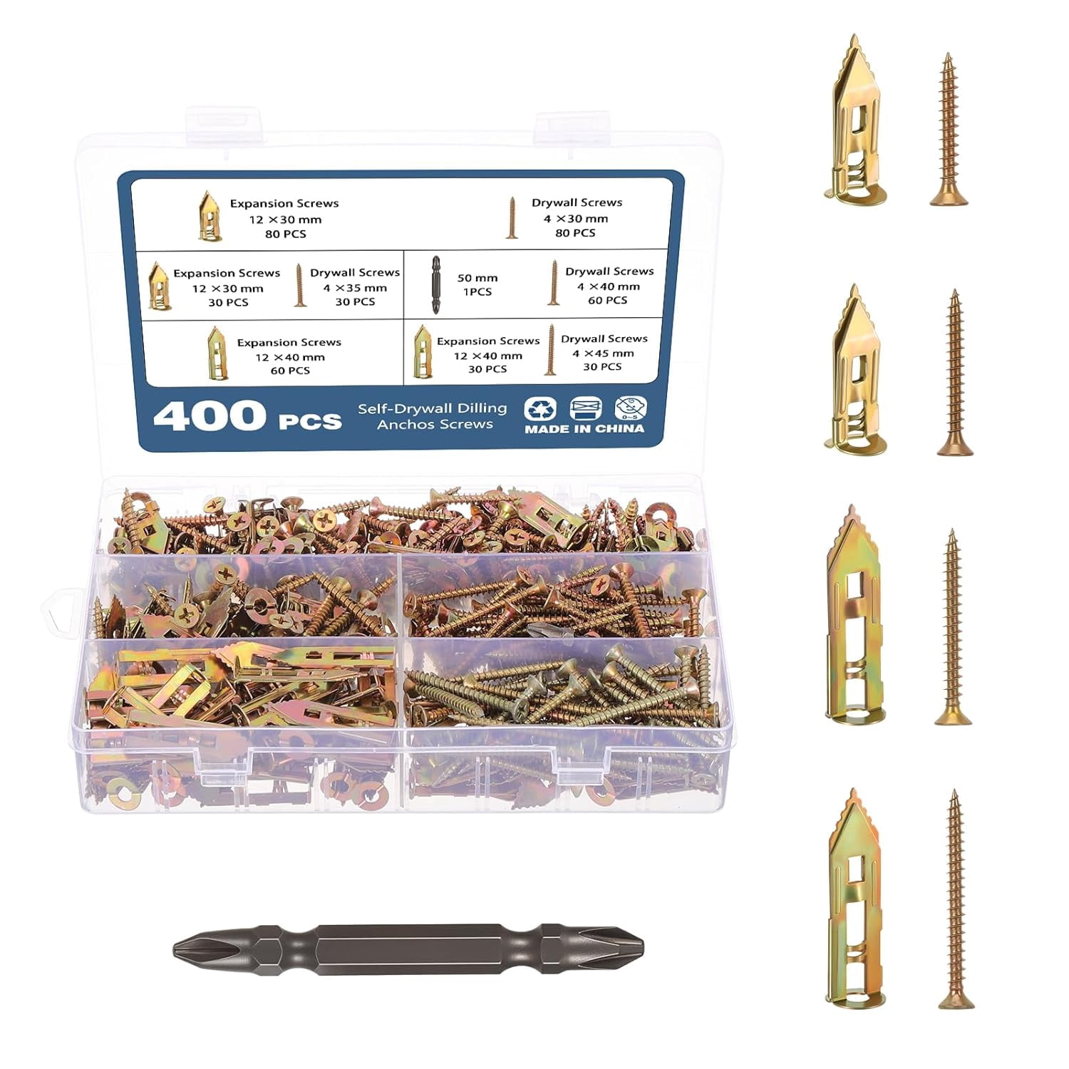 401 Pcs Self Drilling Drywall Anchors with Screws Kit, Heavy Duty Metal Wall Anchors for Drywall, 2 Sizes Sheetrock Anchors & 4 Sizes Zinc Expansion Screws for Picture Frames, Shelves & Home Decor