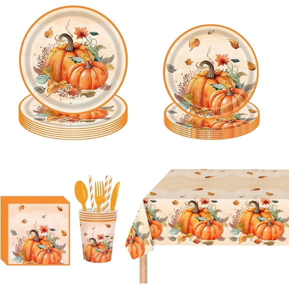 401Pcs Thanksgiving Party Tableware Set, Disposable Paper Plates Cups Napkins Straws Plastic Cutlery & Tablecloth, Fall Pumpkin Maple Leaf Design, Serves 50 Guests