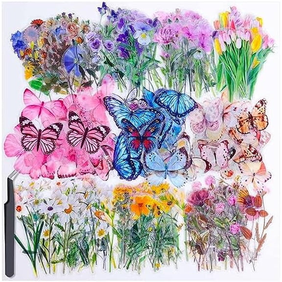 401Pcs Transparent Flower and Butterfly Stickers, Clear Floral Scrapbook Stickers Supplies for Journal Planner Notebook Resin Card Making Laptop Cell Phone Decorating