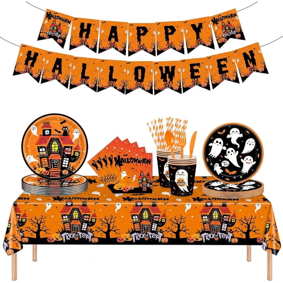 402-Pc Halloween Disposable Tableware Set – Spirit-Themed Paper Plates, Cups, Napkins & Cutlery for Party, Meeting Room, Buffet & Picnic