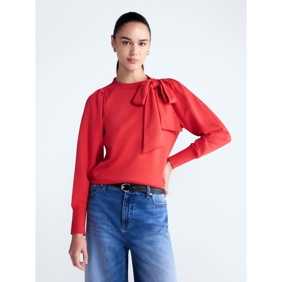 Free Assembly Women's and Women's Plus Bow Neck Sueded Terry Sweatshirt, Sizes XS-4X