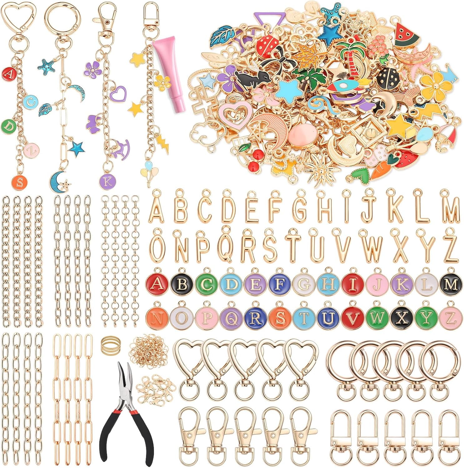 404Pcs Charms Lip Gloss Keychain Making Kit, DIY Craft Supplies with Charms, Key Chain Hooks, Jump Rings, Lobster Clasps, Chains & Tools, Jewelry Making Kit for Custom Keychains, Bags, Gifts