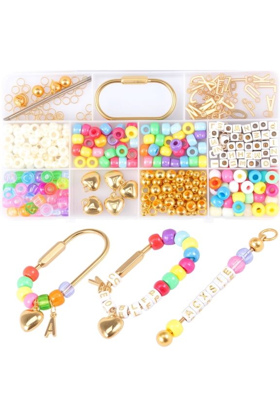 405Pcs Carabiner Keychain Making Kit Bag Charm DIY Craft Supplies with Ring Clasps Imitation Pearl and Alphabet Beads for DIY Jewelry Making