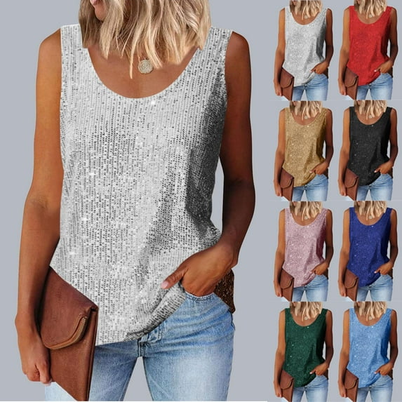 Feancey Today's Deals of The Day Womens Sequin Tank Tops Dressy Casual Scoop Neck Glitter Tanks Tops Sparkly Sleeveless Party Top Shiny Summer Going Out Tank Top Silver S