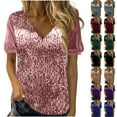 thumbnail image 1 of Feancey Prime Deals Today Sparkly Tops for Women Sequin Splicing Velvet T Shirts Dressy Casual Short Sleeve V Neck Glitter Blouses Spring Summer Elegant Party Tee Shirts Black XL, 1 of 7