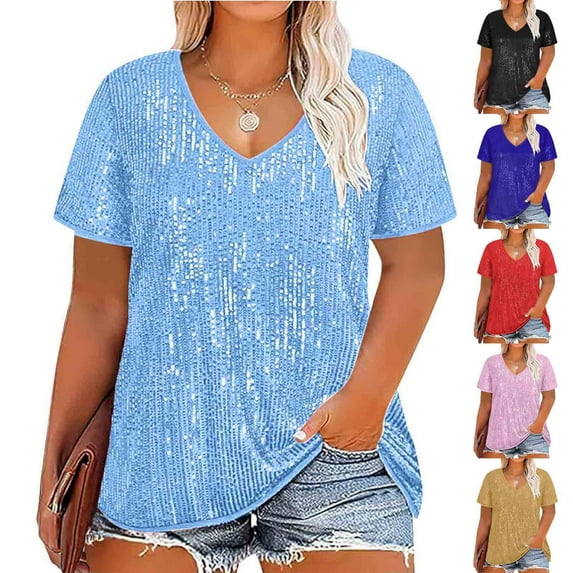 Feancey Lightning Deals of Today Prime Clearance Sequin Plus Size Tops for Women Sparkly Short Sleeve V Neck Blouse Dressy Trendy Glitter Cocktail Party T Shirts 2025 Spring Clothes Silver 3XL