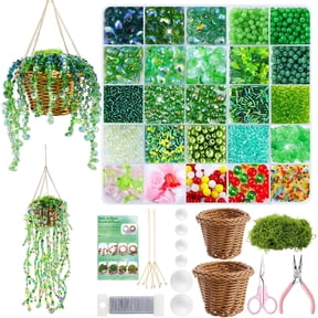 4074 Pcs Beaded Plant Kit with Rattan Basket, Suncatcher Beads Making Kit with Hanging Chain and Manual, Green Beads for Jewelry Making Beaded Plants