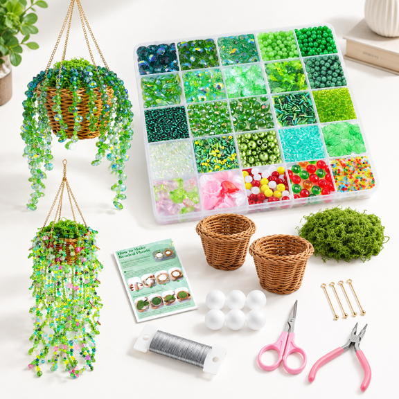 4074 Piece Strawberry Green Beaded Plant Craft Kit with Rattan Basket and Chains