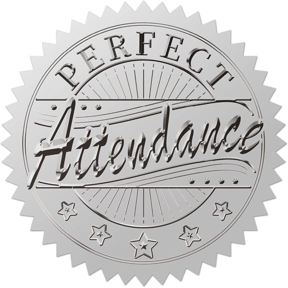 408pcs 2 Inch Perfect Attendance Silver Foil Stickers Stars Silver Embossed Envelope Seals Stickers Round Self Adhesive Stickers Medal Decoration Label for Graduation Gift Packaging