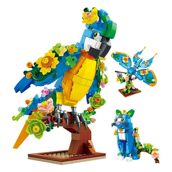 408pcs 3-in-1 Flower Animal Building Blocks Set - Parrot, Butterfly, Cat with Movable Joints, Creative B irthdayToy Gift for Kids & Adults