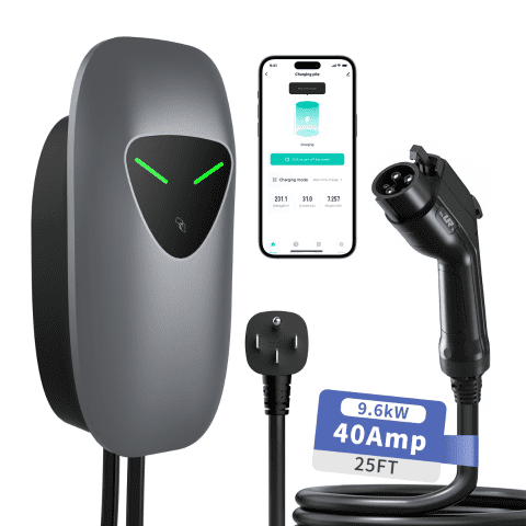 40Amp Level 2 EV Charger, 25ft Cable NEMA14-50 Plug with WiFi APP & RFID Card, 240V 9.6kW J1772 Charging Station for Home Indoor Outdoor (Grey)