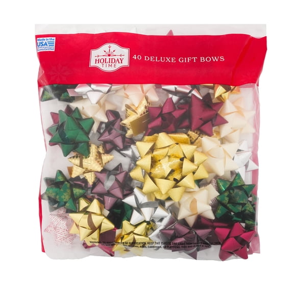 Burgundy/Gold/Green Peel 'n Stick Star Deluxe Christmas Bow Assortment, 40 Pieces, by Holiday Time