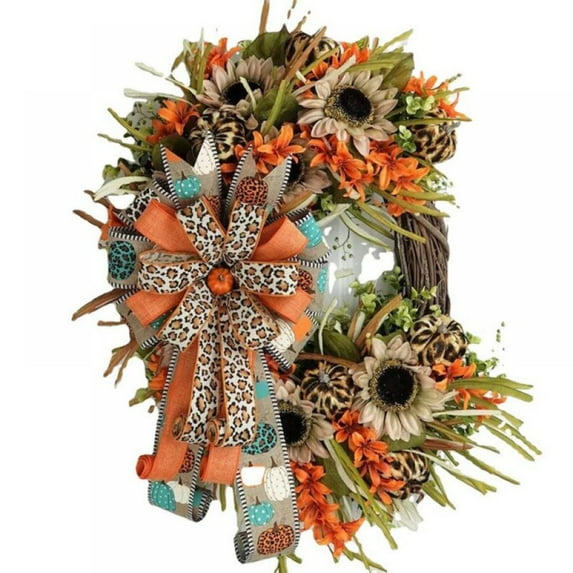 40Cm/15.7" Front Door Fall Wreath Decoration With Sunflower, Leopard Text Bow, Harvest Gate Wreath For Fall Or Thanksgiving Decoration