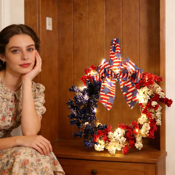 40Cm Independence Day Wreath, Red And Blue Decorative Door Hanging Wreath With Lights, Cross-Border Home Decorative Products, B1 Wreath