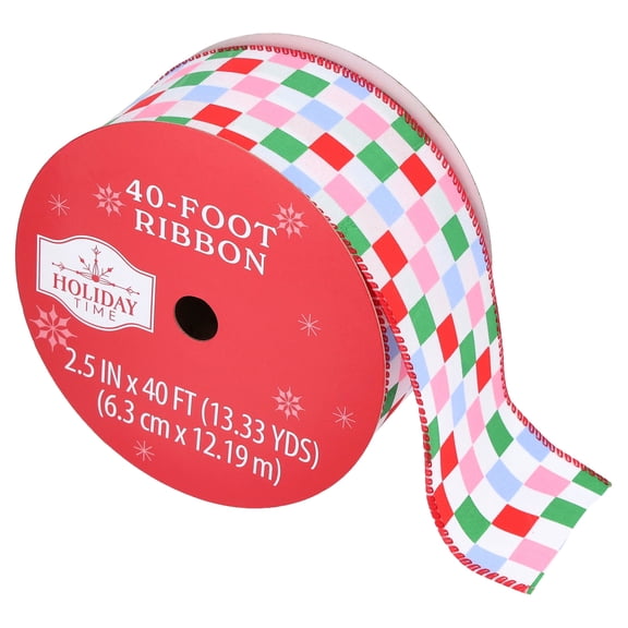 Multicolor Check Linen Christmas Ribbon, 2.5" x 40', by Holiday Time