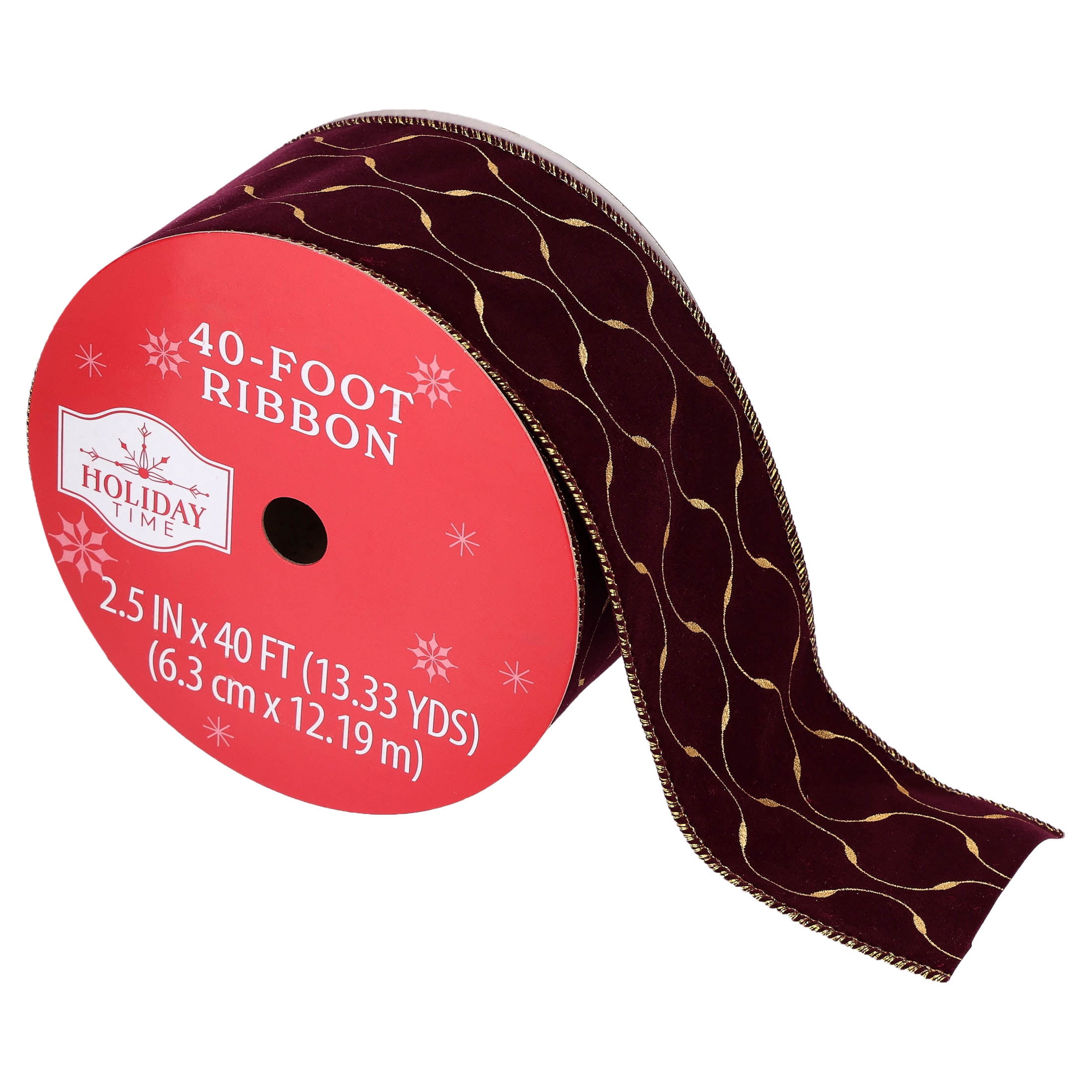 Maroon and Gold Wave Velvet Christmas Ribbon, 2.5" x 40', by Holiday Time