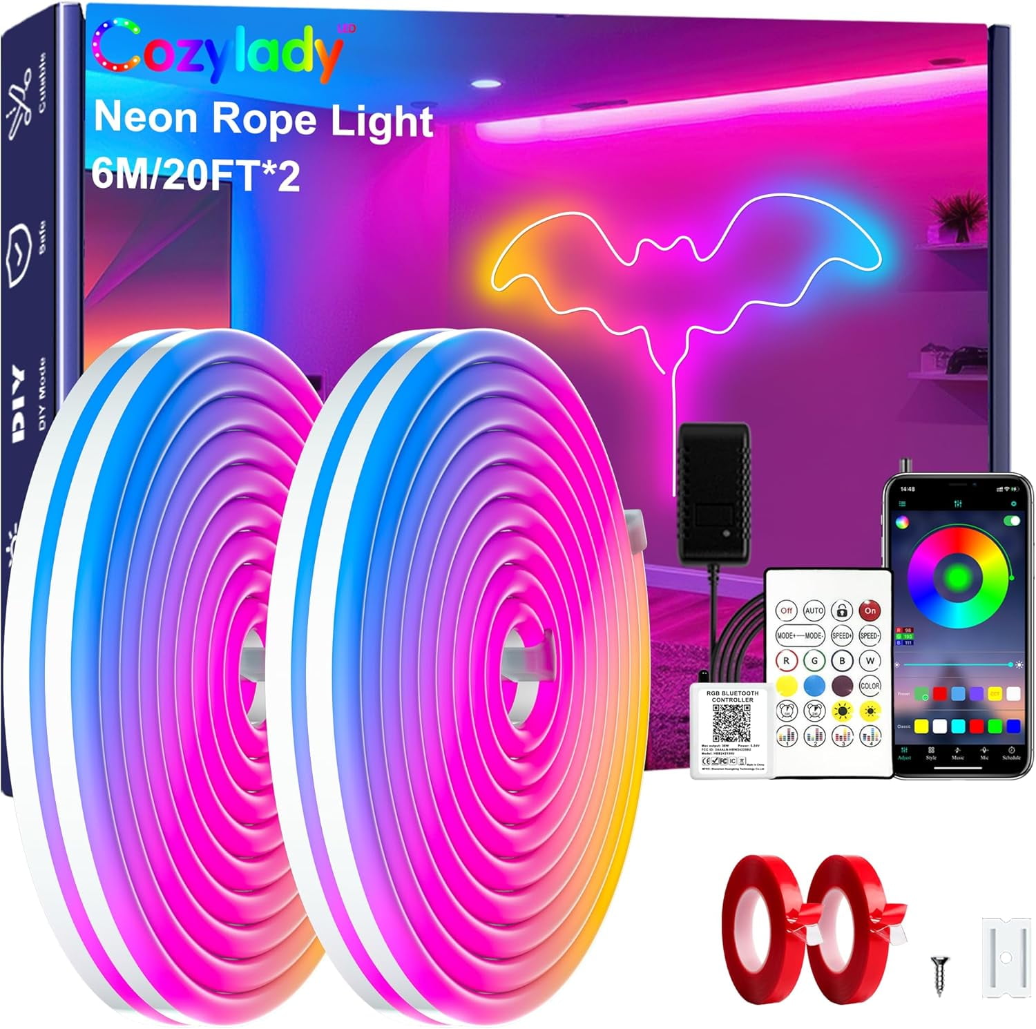 40Ft (20Ft *2 Rolls) RGB LED Neon Rope Lights for Bedroom, 12m LED ...
