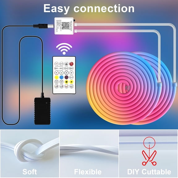 40Ft (20Ft *2 Rolls) RGB LED Neon Rope Lights for Bedroom, 12m LED Strip Lamp with Double Sided Adhesive Tape, App/Remote Control DIY Lights Decorate The Outdoor and Indoor of Your Home