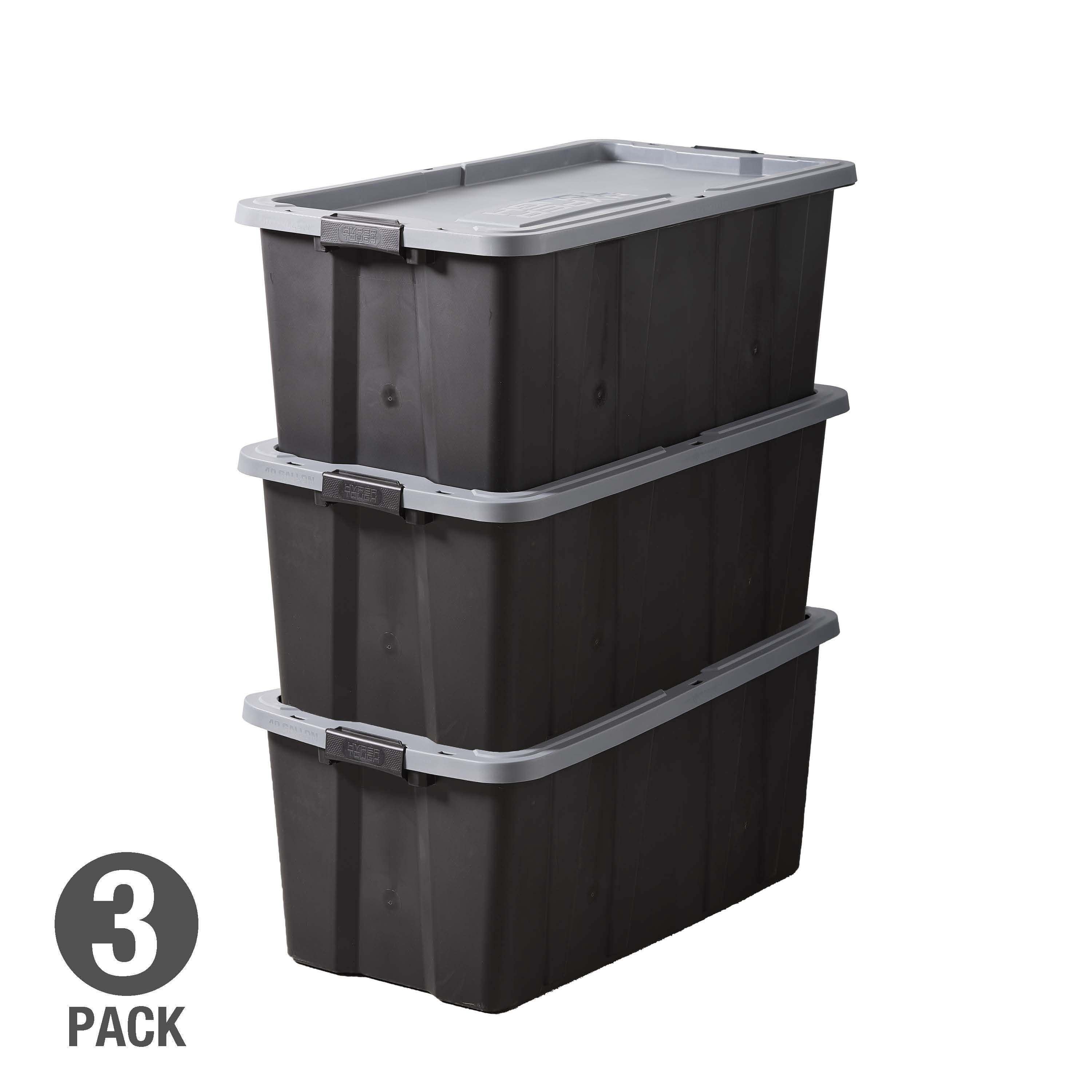 (Pack of 3) Hyper Tough 40 Gallon Large Storage Bin with Latch Lid, Black and Gray, Heavy Duty Plastic Storage Container Black and Gray