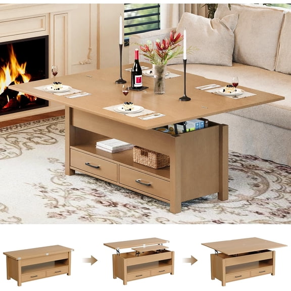 40In Lift Top Coffee Table with Drawers and Hidden Storage Converts to Dining Table for Living Room