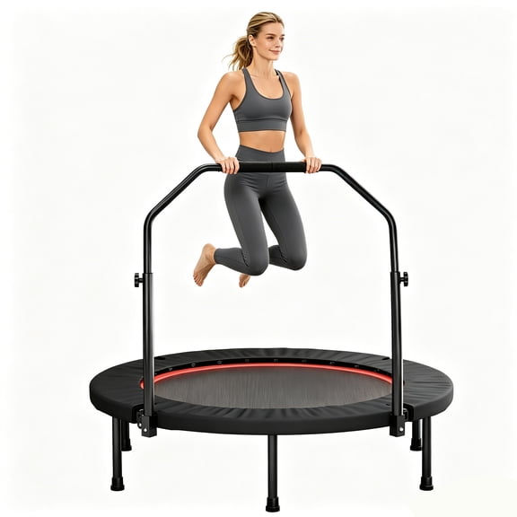 40Inch Mini Trampoline For Adults, Foldable Fitness Rebounder With Adjustable Foam Handle Bar, Quiet Bungee Exercise Trampoline Indoor Outdoor Garden, Stable Rebounder Max Load 330LBS