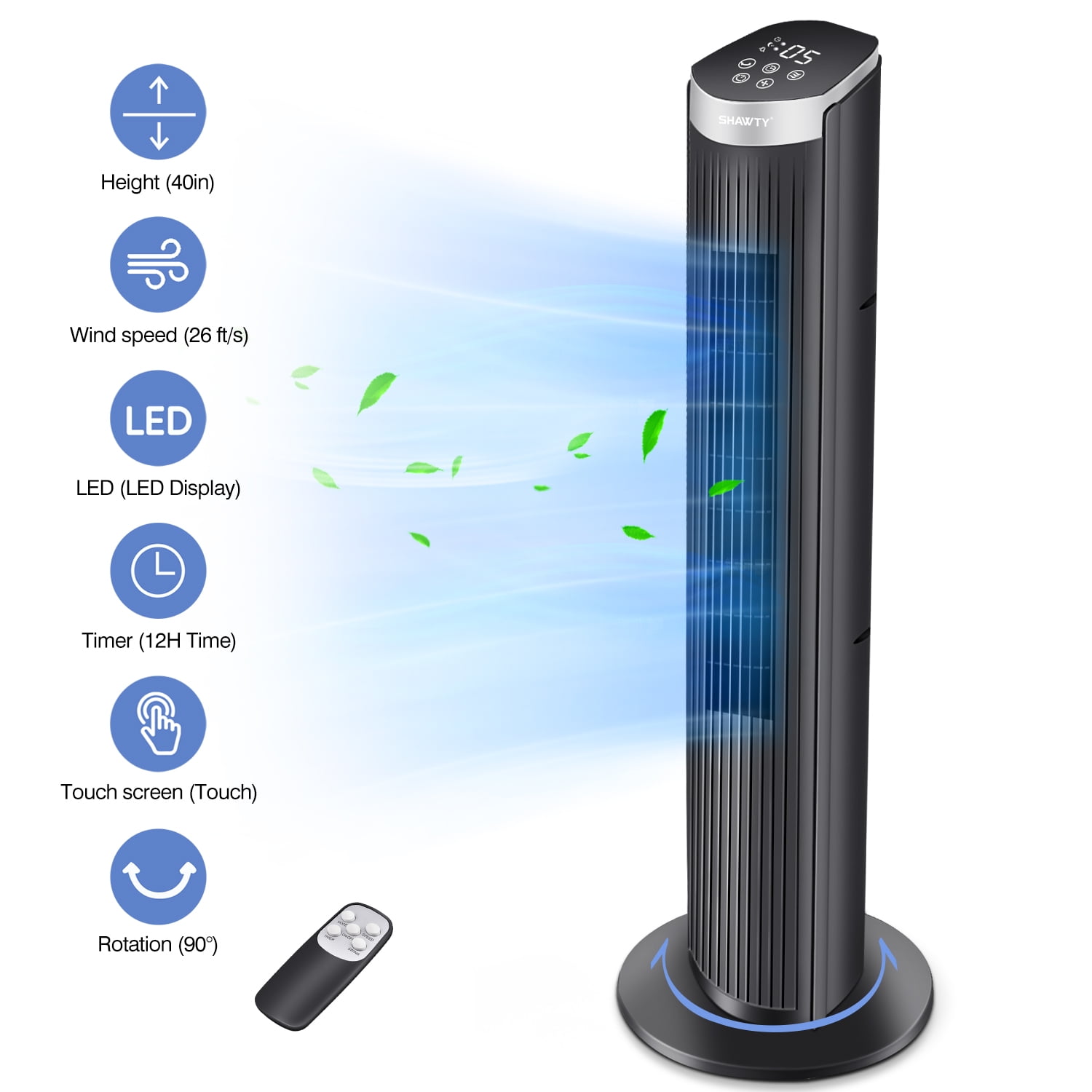 40Inch Tower Fans for Home, CIICII 90 Oscillating Floor Fan,LED Display with Remote,28ft/s High Velocity,5 Speeds, 12H Timer, 3 Modes- Black