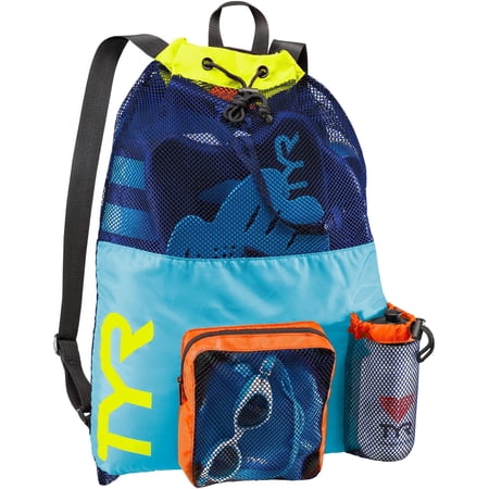 TYR Big Mesh Mummy Backpack - Ventilated Swim Gear Athletic Sport Bag, Blue/Yellow