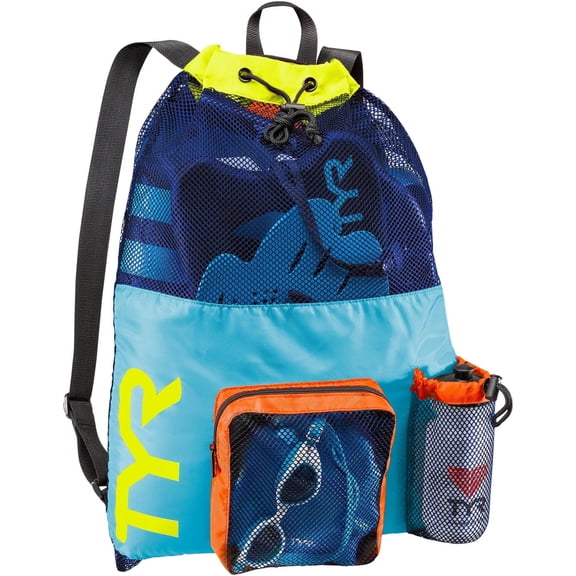 TYR Big Mesh Mummy Backpack - Ventilated Swim Gear Athletic Sport Bag, Blue/Yellow