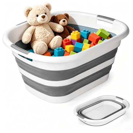 40L Collapsible Plastic Laundry Basket, Foldable Pop Up Storage Container Space Saving Washing Tub Organizer (White/Grey)