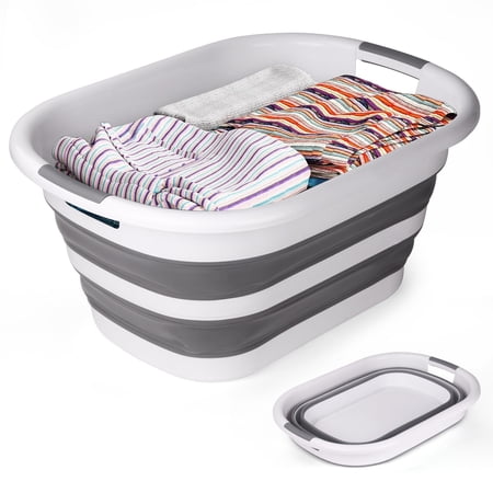 40L Collapsible Plastic Laundry Basket, Foldable Pop Up Storage Container Space Saving Washing Tub Organizer (White/Grey)
