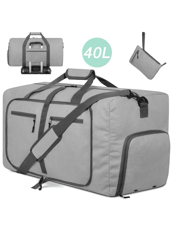 40L Duffle Bag with Shoes Compartment, 20" Foldable Travel Duffel Bags for Men Women, Large Packable Travel Bag Water Repellent & Tear Resistant, Overnight Weekend Bag for Men (Gray)