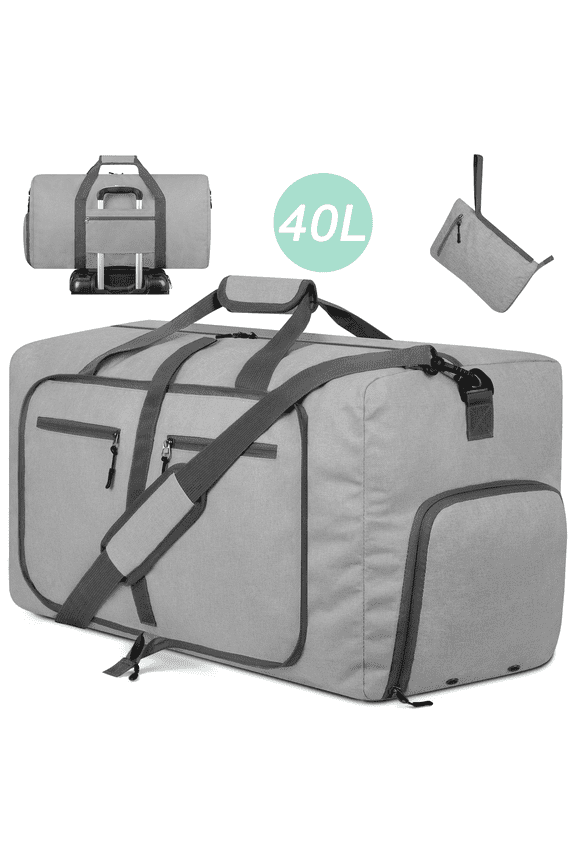40L Duffle Bag with Shoes Compartment, 20" Foldable Travel Duffel Bags for Men Women, Large Packable Travel Bag Water Repellent & Tear Resistant, Overnight Weekend Bag for Men (Gray)