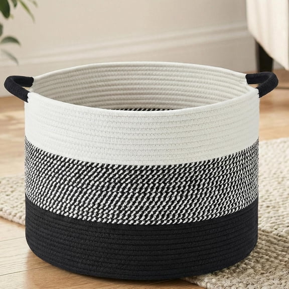 40L Large Cotton Rope Basket, Decorative Woven Blanket Storage for Living Room, Boho Toy Storage & Toy Box for Kids, Versatile Laundry Basket & Nursery Hamper for Blankets(Black)