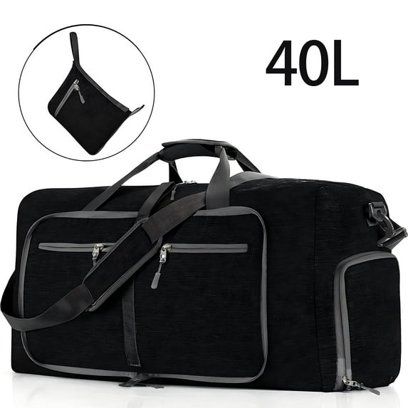 40L Large Foldable Travel Duffle Bag, Black Duffel Bag for Men Women, Foldable Gym Bag with Shoes Compartment, Overnight Bags Waterproof & Tear Resistant