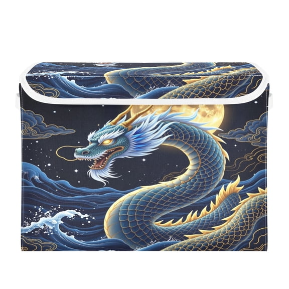 40L Lidded Home Storage Bins Foldable Storage Box with Handle for Home Bedroom Closet, Blue Sea Printed