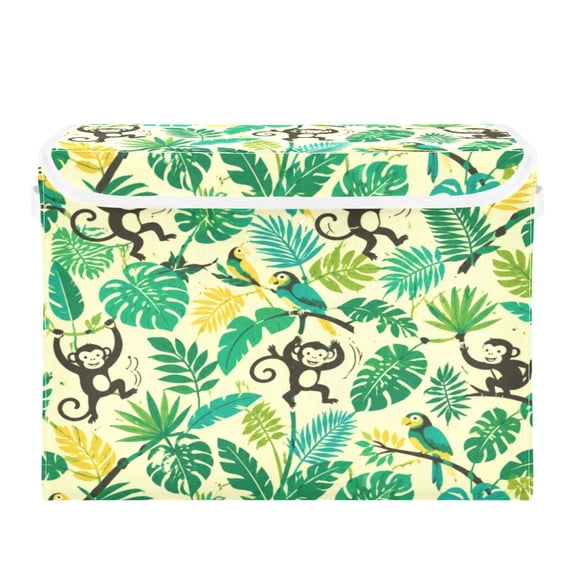 40L Lidded Home Storage Bins Foldable Storage Box with Handle for Home Bedroom Closet, Jungle Monkey Printed