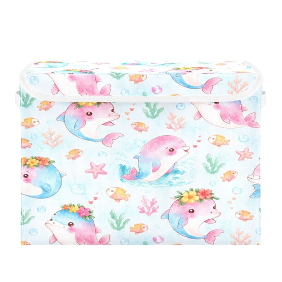 40L Lidded Home Storage Bins Foldable Storage Box with Handle for Home Bedroom Closet, Sky Dolphins Printed