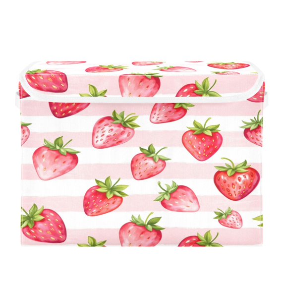 40L Lidded Home Storage Bins Foldable Storage Box with Handle for Home Bedroom Closet, Strawberry Stripe Printed