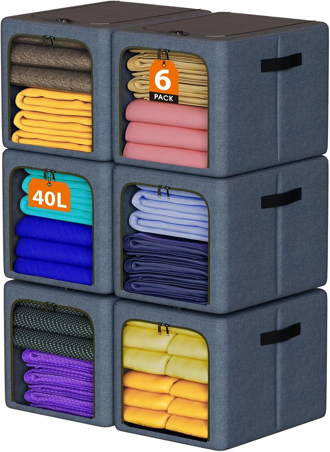 40L Stackable Clothes Storage Bins with Metal Frame- 6 Pack Foldable ...