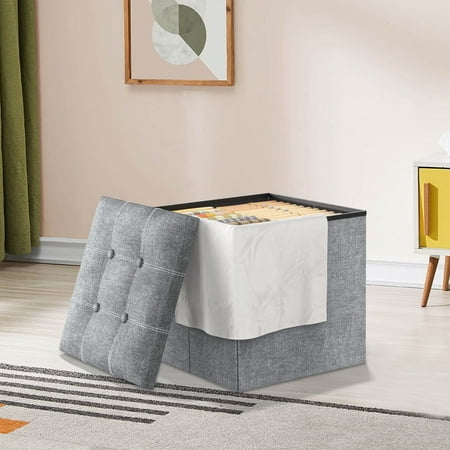 40L Storage Ottoman, Foot Rest Stool, 15 inch Folding Footstool Bench with Storage, Small Ottoman Stool, Storage Foot Rest for Living Room Books Clothes Toys Gray
