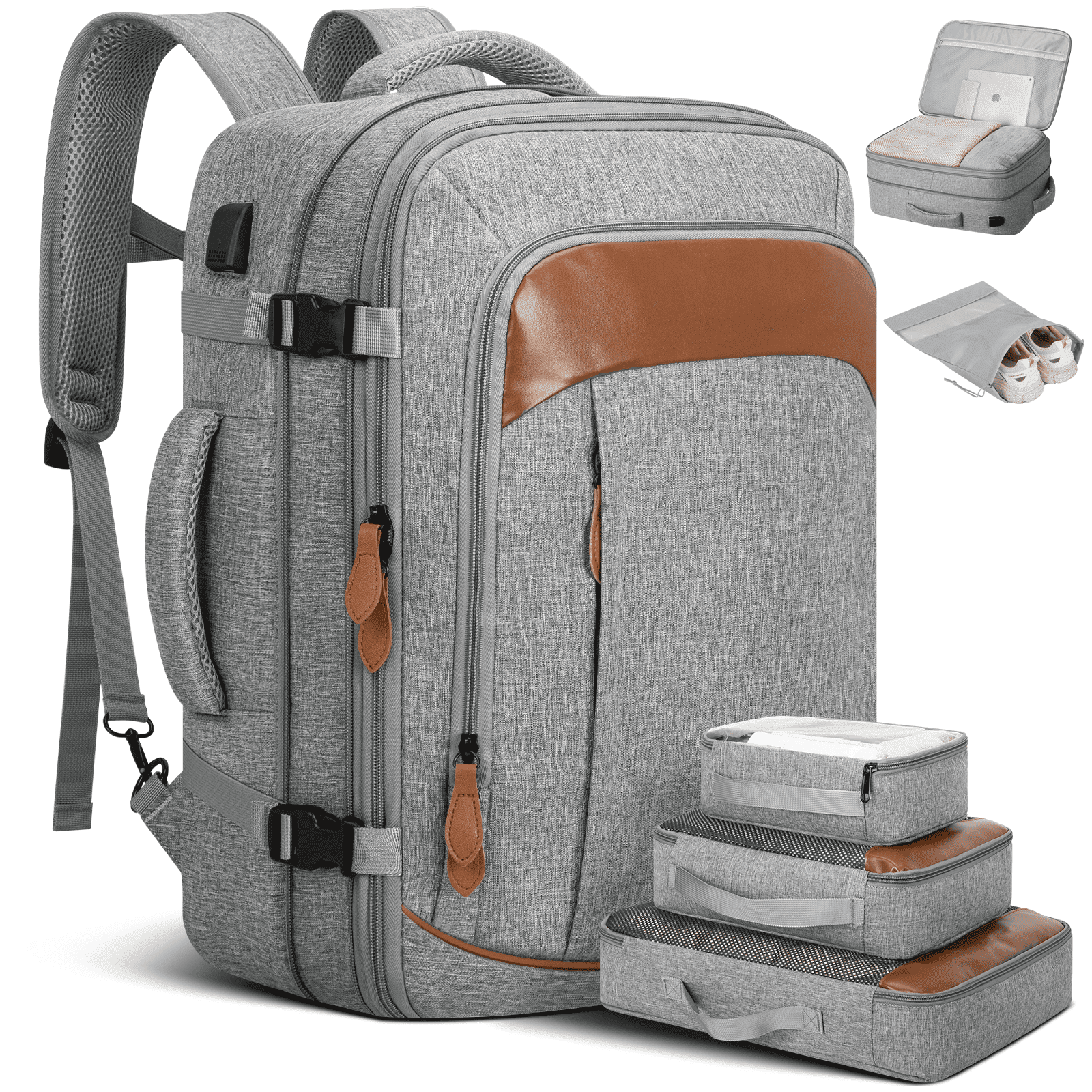 Carry on Backpack, 45L Expandable Large Travel Backpack with 3 Packing Cubes & Shoe Bag for Women Men Airline Approved, Waterproof Luggage Laptop Backpack for Weekend Trips Business Travel Hiking