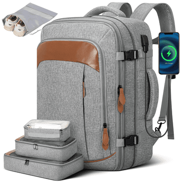 45L Large Travel Backpack for Men Women, Expandable Large Suitcase Backpacks with 3 Packing Cubes & Shoe Bag, Carry on Luggage Daypack Laptop Backpack for Weekend Trips, Business Travel, Hiking, Gray