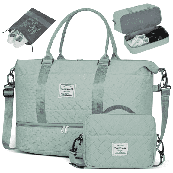 40L Travel Duffle Bag with Shoe Compartment, Weekender Carry On Bag with Toiletry Bag for Women, Mint Green