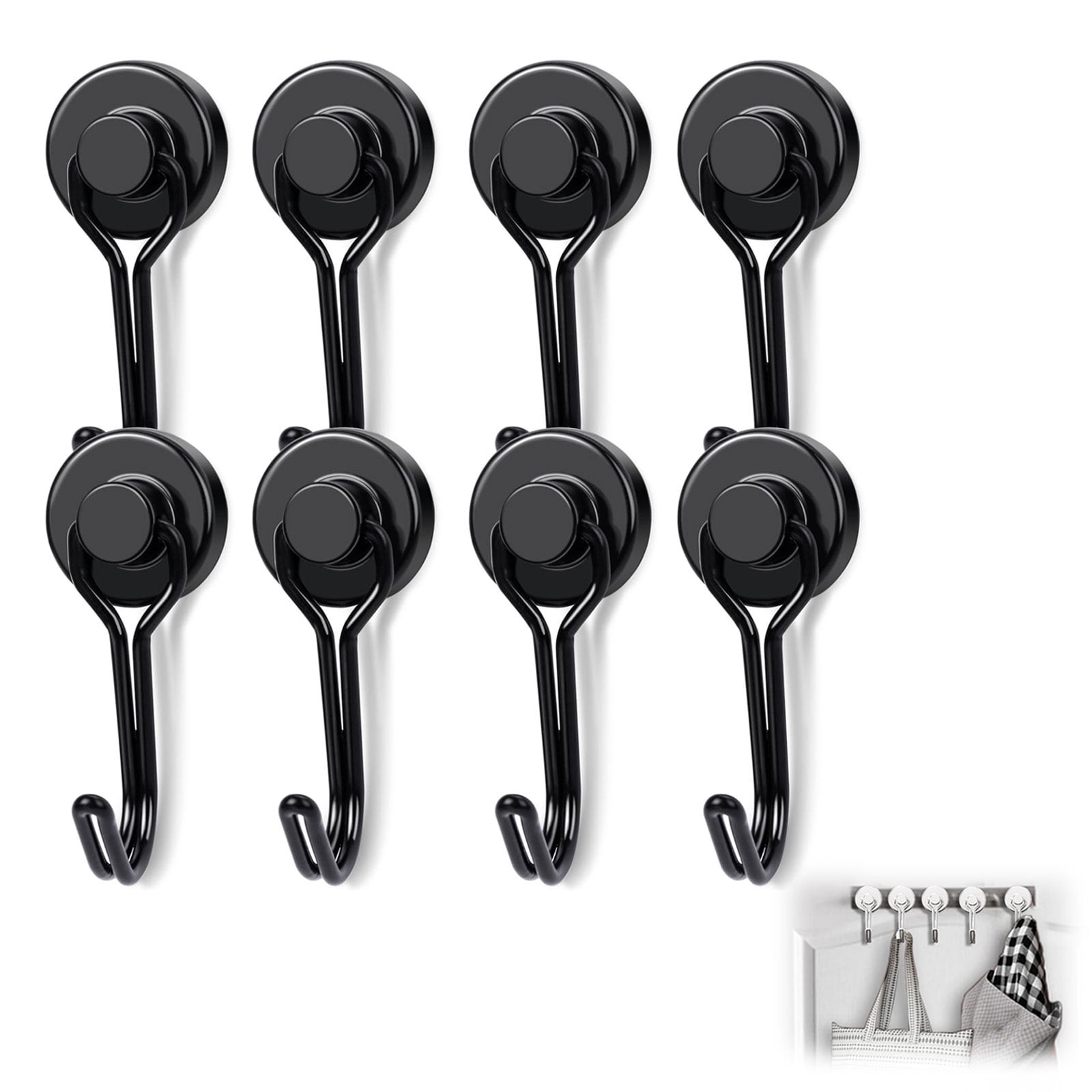 40LB Upgraded Swivel Magnetic Hooks, 2.44In Neodymium Magnets for Refrigerator, Strong Holding for Vertical & Horizontal Surfaces (Black, 8PC)