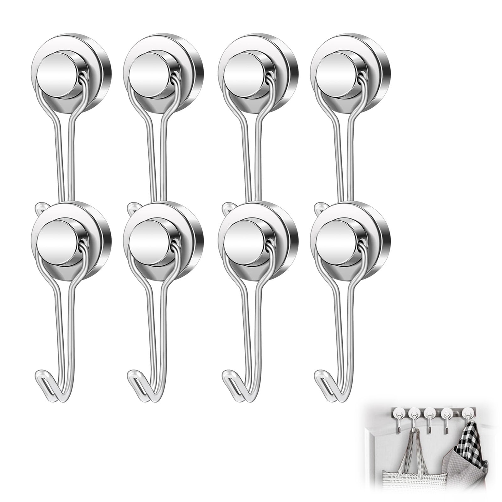 40LB Upgraded Swivel Magnetic Hooks, 2.44In Neodymium Magnets for Refrigerator, Strong Holding for Vertical & Horizontal Surfaces (Silver, 8PC)