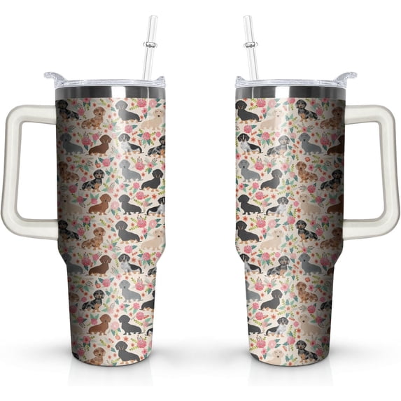 40OZ Dachshund Tumbler with Handle and Straw-Dachshund Tumbler Cold and Hot Stainless Steel Double Wall Coffee Mug Dachshund Gift